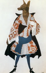 Il lupo, bozzetto di costume per il balletto di Tchaikowski "La Belle au bois dormant" (acquerello, gouache e oro su carta)