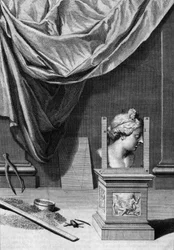 Trattati di architettura, un busto di una statua classica e strumenti architettonici: tavola tratta da "De Architectura Libri decem" di Leon Battista Alberti (1404-1472), architetto, matematico, poeta italiano del Rinascimento, Londra