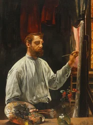 Ritratto di Léon Frédéric, in piedi a mezzo busto al suo cavalletto, 1900
