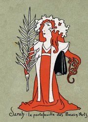 Cartone animato di Henriette Rosine Bernard detta Sarah Bernhardt come portfolio di Belle Arti - Illustrazione di Leon Lebegue - Incisione in "Le sun-du-dimanche"