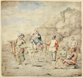 Sacra Famiglia che passa davanti a quattro uomini