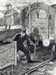 Una vignetta che commenta gli incidenti dei lavoratori ferroviari. Illustrato da Leonard Raven-Hill, artista, illustratore e vignettista inglese, XX secolo