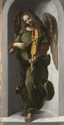 Un angelo in verde che suona la viella