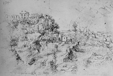 Un fiume con un canale accanto e un castello su una collina, c1480 1945
