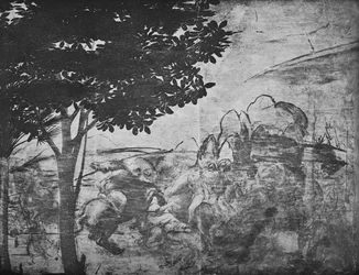 Adorazione dei Magi - Battaglia di cavalieri in lontananza a destra, c1481