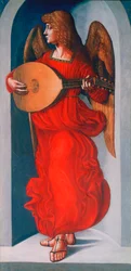 Un angelo in rosso con un liuto, 1490-1499