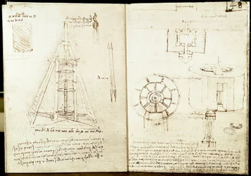 Architettura e arte militare: pagina sinistra: scala a chiocciola intorno a una torre. Foratura di una trave. Pagina destra: piano d