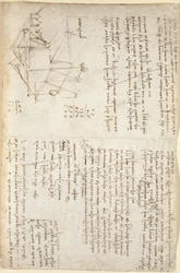 Arundel 263, f.127, Note e schizzo schematico di una scavatrice meccanica in prospettiva (di lato), c.1503-5