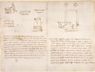 Arundel 263, f.259v, f.260 Note e schizzi grezzi sul processo di produzione del salnitro per preparare la polvere da sparo (non di mano di Leonardo)