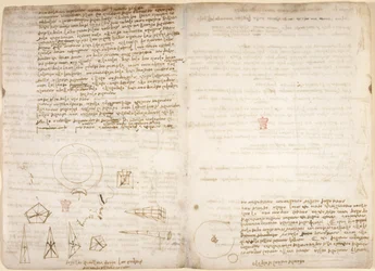 Arundel 263, f.266v, f.267 Note sulla cosmologia (capovolte); diagrammi che illustrano le osservazioni di Leonardo sul centro di gravità, dal 