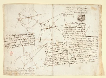 Il verso di una singola grande foglia, precedentemente rilegata lungo il bordo destro e piegata nel taccuino. Note e diagrammi sull