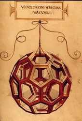 Geometria: Un icosaedro. Pagina tratta dal manoscritto De divina proportione di Fra Luca Pacioli illustrato da Leonardo da Vinci. 1509