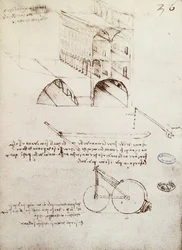 Manoscritto B, f 36 r Studi architettonici, sviluppo e sezioni di edifici in città con strade sopraelevate (penna e inchiostro su carta)