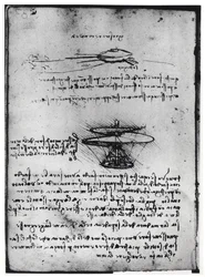 Manoscritto di Parigi B, fol. 83v: Pagina di testo e schizzi per una macchina volante, 1488-90