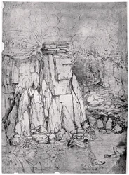 Studio di una caverna rocciosa con anatre