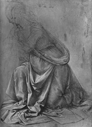 Studio del drappeggio di una donna inginocchiata a sinistra