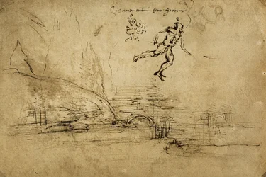 Retro di un disegno di paesaggio con figura di soldato