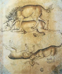 Unicorno che attacca una mucca e leopardo che attacca una pecora, studio di animali, di Leonardo da Vinci, disegno