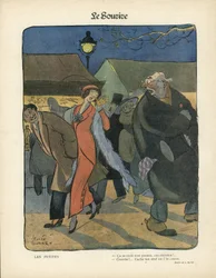 Illustrazione di Leonce Burret (1865-1915) in Le Smile, n. 4, 23/01/13 - Le piccole - Notturno, Prostituzione, Casseruole di carta, Lampada da terra, Pelliccia