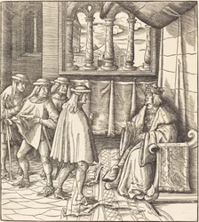 Un re su un trono, davanti a lui quattro uomini