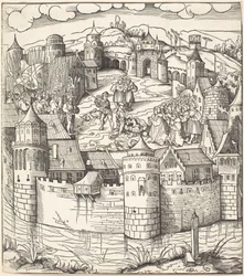 Esecuzione di un uomo in una piazza di mercato di una città