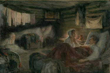 Natasha e il principe Andrei ferito a Mytishchi. Illustrazione per il romanzo Guerra e Pace