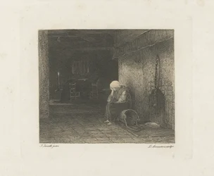 Interno con donna vicino al camino