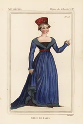 Marie de Fayel, contessa di Dammartin, moglie di Renaud de Nanteuil, signore di Acy e sorella di Jean de Fayel. Litografia colorata a mano dopo una miniatura nel manoscritto 