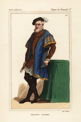 Philippe Chabot, Signore di Brion, Conte di Charny, Ammiraglio di Brion, ammiraglio francese, m. 1543. Litografia colorata a mano dopo un ritratto nei portafogli di Roger de Gaignieres dal Costumes Historique de la France di Le Bibliophile Jacob alias Paul