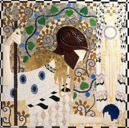 Pallade Atena (pannello in porcellana, vetro, madreperla e mosaico in bronzo)