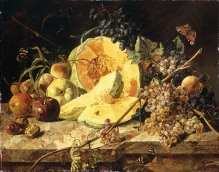 Natura morta con frutta, noci e insetti, 1835