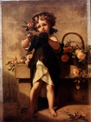 Ritratto a figura intera di una bambina con una rosa. Dipinto di Leopold Moulignon (1821-1897) XIX secolo