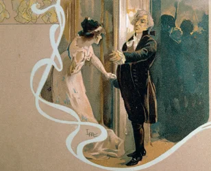 Cartolina illustrata di Leopoldo Metlicovitz (1868-1944) che raffigura una scena di Tosca, opera di Giacomo Puccini (1858-1924)