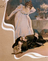 Cartolina illustrata da Leopoldo Metlicovitz raffigurante scene da Tosca, opera di Giacomo Puccini