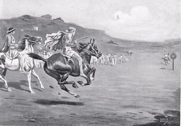 Cavalieri greci che lanciano il giavellotto, illustrazione da 
