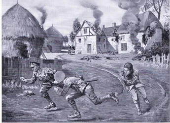 Il sergente Cooper e due commilitoni che scappano sotto il fuoco nemico dopo aver incendiato una fattoria e diversi covoni (DCM)