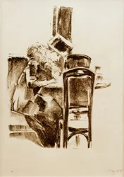 Signora che scrive con cappello e boa al caffè