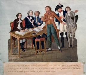 Giovani uomini richiamati per la Guerra di Vandea (un padre mostra suo figlio incapace di servire e prende il suo posto). Incisione dei fratelli Lesueur (XVIII secolo). Parigi, Museo Carnavalet