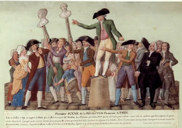 Prima scena della Rivoluzione francese a Parigi: il 12/07/1789, dopo il licenziamento del re di Jacques Necker, Camille Desmoulins arringò la folla al Palais Royal e chiamò alla rivolta contro il governo. I busti di Jacques Necker e Louis Phil
