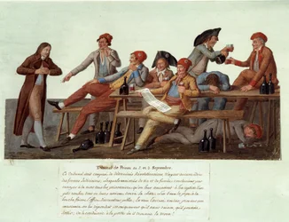 Rivoluzione francese del 1789: «Un tribunale carcerario il 2 e 3 settembre». Rappresentazione satirica di un tribunale rivoluzionario, i cui membri non hanno giurisdizione in materia di giustizia e giudicano i casi bevendo vino e fumando. Guazzo dei