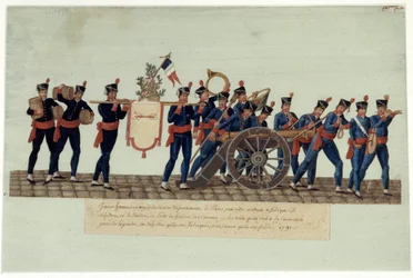 Rivoluzione francese del 1789: giovani uomini portano alla Convenzione polvere, salnitro che hanno prodotto e un cannone che hanno fuso. Gouache dei fratelli Lesueur (XVIII secolo)