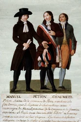Rivoluzione francese: i rivoluzionari Jerome Petion (1756-1794), Jacques Antoine Manuel (1775-1827) e Pierre-Gaspard Chaumette detto Anaxagoras (1763-1794), portavoce degli sfrenati. Gouache dei fratelli Lesueur (18° secolo)
