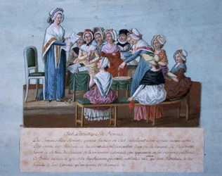 Riunione del club delle donne patriottiche, di Jean-Baptiste Lesueur, stampa colorata, Francia, Rivoluzione Francese