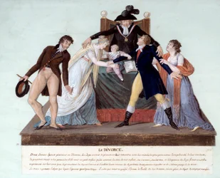 Divorzio repubblicano: una scena di riconciliazione al tempo della Rivoluzione francese tra due mogli in procinto di divorziare, il marito adultero respinge la sua amante mentre la moglie abbraccia il loro figlio. XVIII secolo. Gouache dei fratelli Lesueur