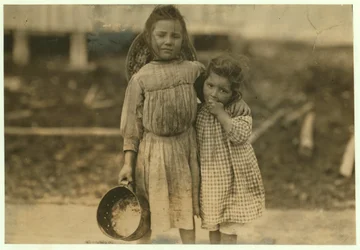 Maud e Grade Daly, 5 e 3 anni, raccolgono gamberetti ogni giorno per la Peerless Oyster Company, Bay St. Louis, Mississippi, 1911
