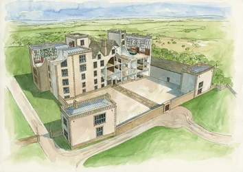 Ricostruzione della Old Hall di Hardwick nel 1620 (acquerello su carta)