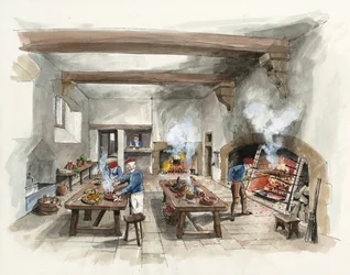 Ricostruzione della cucina di Hardwick Old Hall nel 1601 (acquerello su carta)