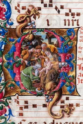 Biblioteca Piccolomini: libro corale, cod. 19.4, ff. 9v con “Adorazione dei Magi”, di Liberale da Verona (circa 1445 - 1527/9). (dettaglio)
