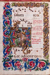 Biblioteca Piccolomini: libro corale, cod. 19.4, ff. 9v con “Adorazione dei Magi”, di Liberale da Verona (circa 1445 - 1527/9)