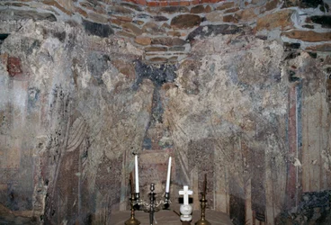 Affresco danneggiato nella chiesa di Kantanos, Creta, Grecia
